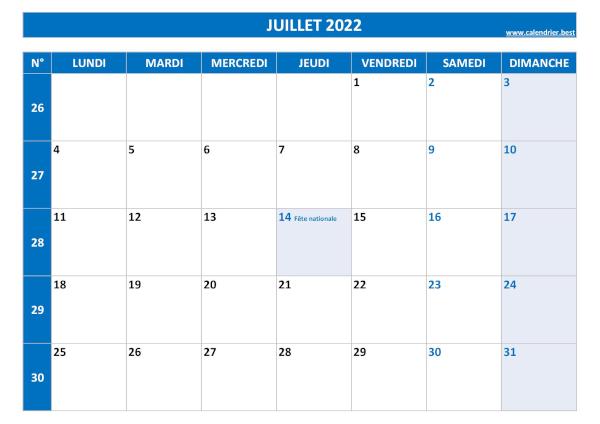 Calendrier du mois de juillet 2022 avec semaines à imprimer.