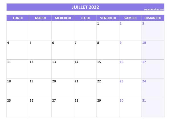 Calendrier Juillet 2022 à imprimer.