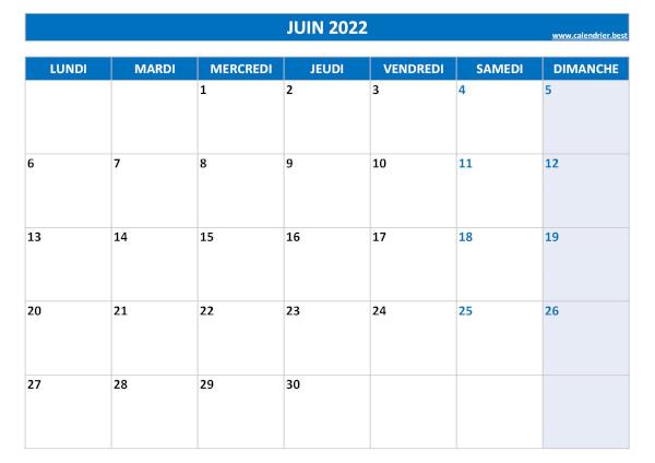 Calendrier Juin 2022 à imprimer.