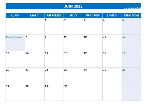 Calendrier Juin 2022 à imprimer avec jours fériés.