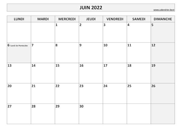 Calendrier du mois de juin 2022 avec jours fériés à imprimer.