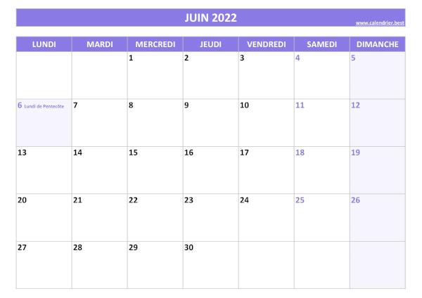 Calendrier Juin 2022 à imprimer avec jours fériés.