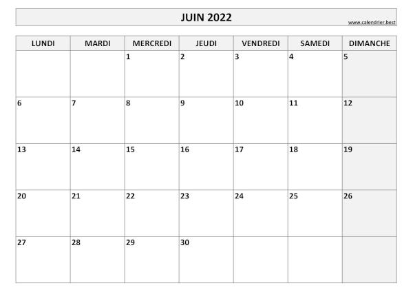 Calendrier du mois de juin 2022 à imprimer.