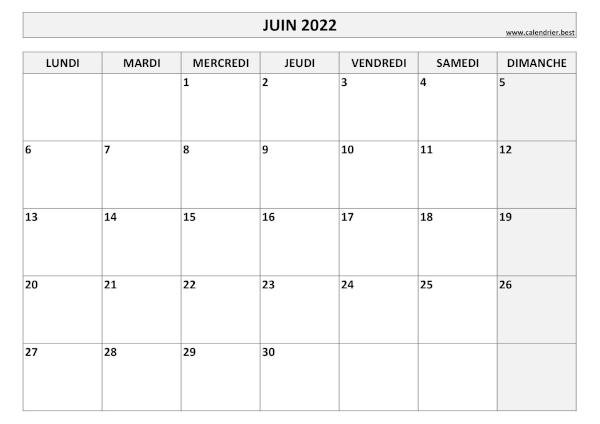 Calendrier juin 2022 vierge à imprimer.