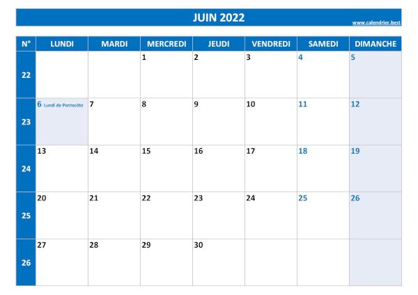 Calendrier juin 2022 à imprimer.