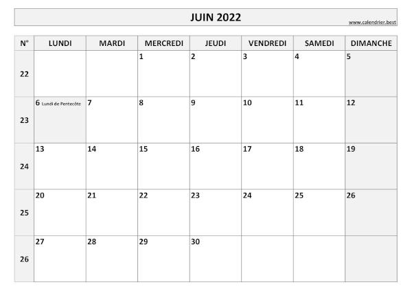Calendrier du mois de juin 2022 avec semaines à imprimer.