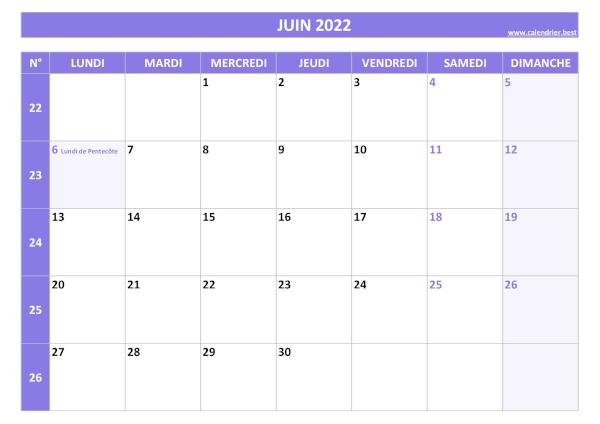Calendrier du mois de Juin 2022 avec numéros de semaines à imprimer gratuitement en pdf ou jpg, format A4 paysage, thème violet. Calendrier Juin 2022 avec semaines.