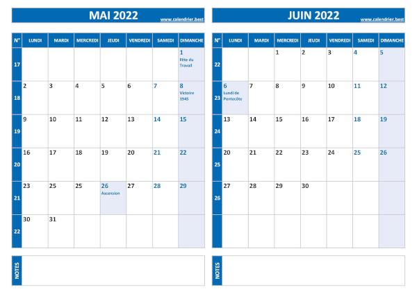 Calendrier de mai et de juin 2022 à imprimer sur une page au format paysage, template bleu. Calendrier mai juin 2022.