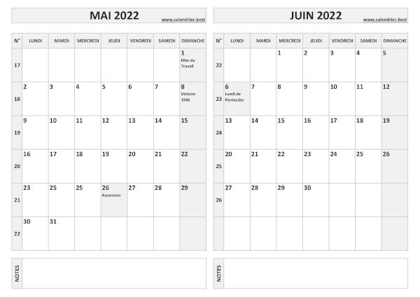 Calendrier de mai et de juin 2022 à imprimer sur une page au format paysage, template gris. Calendrier mai juin 2022.