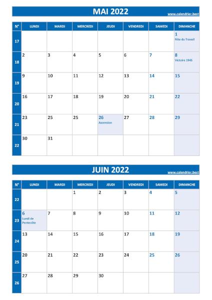Calendrier des mois de mai et juin 2022 à imprimer ssur une page au format portrait, template bleu. Calendrier mai juin 2022, portrait, bleu.