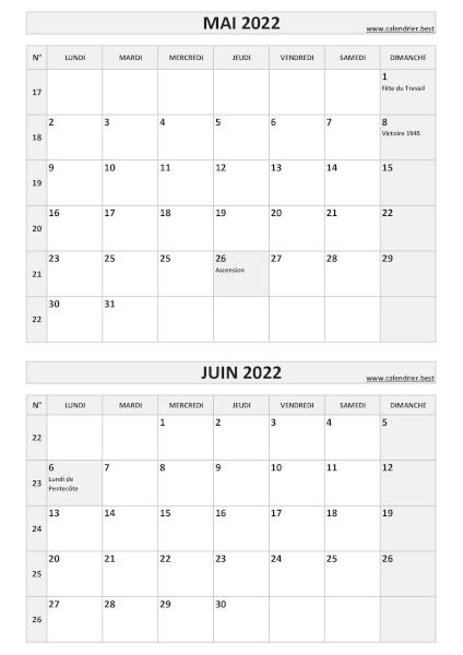 Calendrier des mois de mai et juin 2022 à imprimer sur une page au format portrait, template gris. Calendrier mai juin 2022, portrait, gris.