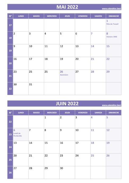 Calendrier mai juin 2022, portrait, violet.