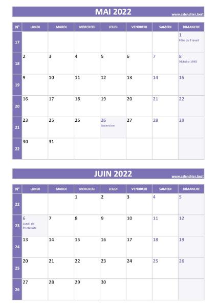 Calendrier des mois de mai et juin 2022 à imprimer sur une page au format portrait, template violet. Calendrier mai juin 2022, portrait, violet.