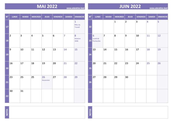 Calendrier de mai et de juin 2022 à imprimer sur une page au format paysage, template violet. Calendrier mai juin 2022.