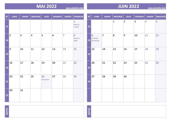 Calendrier mai juin 2022.