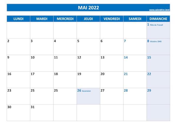 Calendrier Mai 2022 à imprimer avec jours fériés.