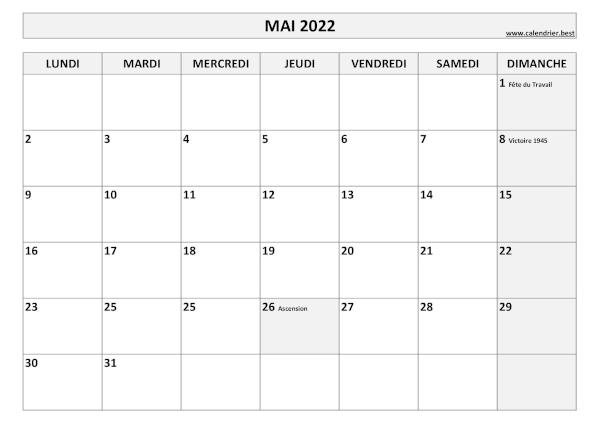 Calendrier du mois de mai 2022 avec jours fériés à imprimer.