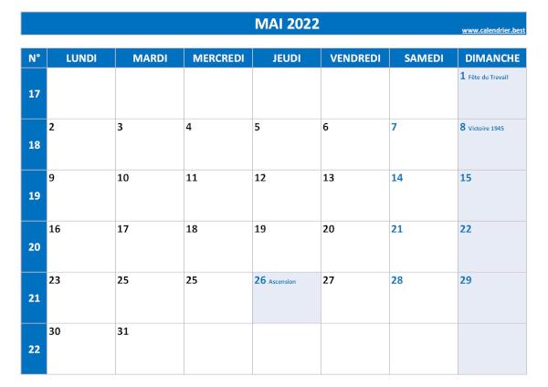 Calendrier du mois de mai 2022 avec semaines à imprimer.