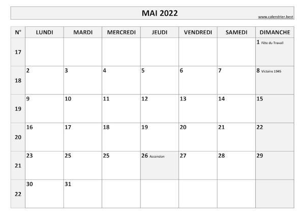 Calendrier Mai 2022 avec semaines.