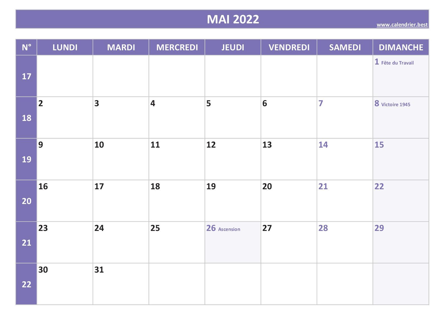 Calendrier Mai  2022   consulter ou imprimer Calendrier best