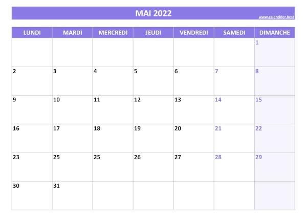 Calendrier du mois de mai 2022 à imprimer.