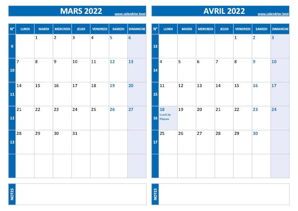 Calendrier de mars et avril 2022 à imprimer sur une page au format paysage, template bleu. Calendrier mars avril 2022.
