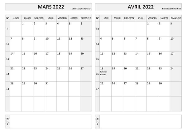 Calendrier mars avril 2022.