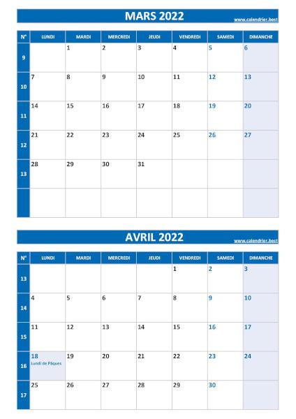 Calendrier mars avril 2022, portrait, bleu.