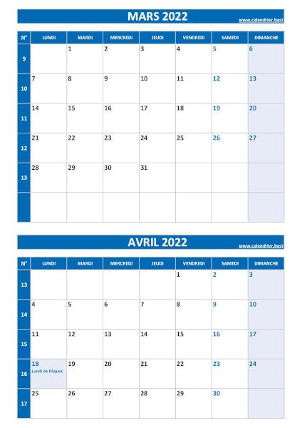 Calendrier des mois de mars et avril 2022 à imprimer ssur une page au format portrait, template bleu. Calendrier mars avril 2022, portrait, bleu.