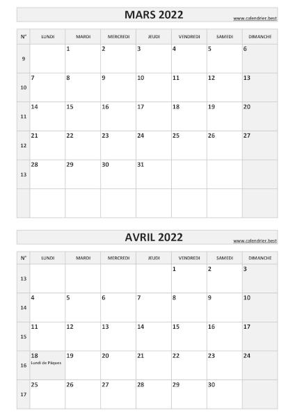 Calendrier des mois de mars et avril 2022 à imprimer sur une page au format portrait, template gris. Calendrier mars avril 2022, portrait, gris.