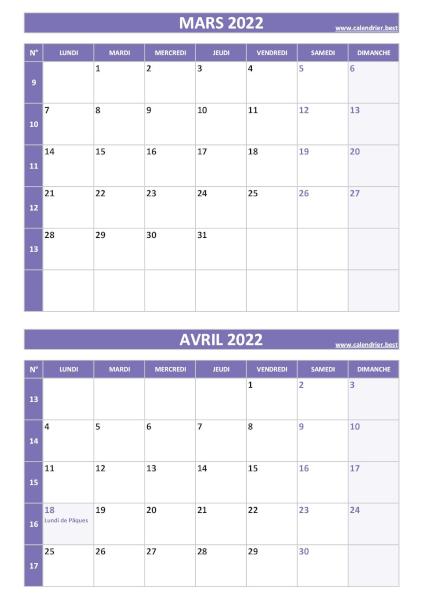 Calendrier mars avril 2022, portrait, violet.