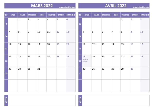 Calendrier mars avril 2022.