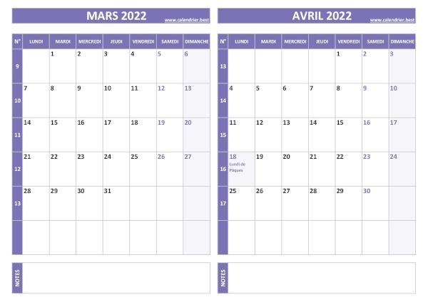 Calendrier de mars et avril 2022 à imprimer sur une page au format paysage, template violet. Calendrier mars avril 2022.