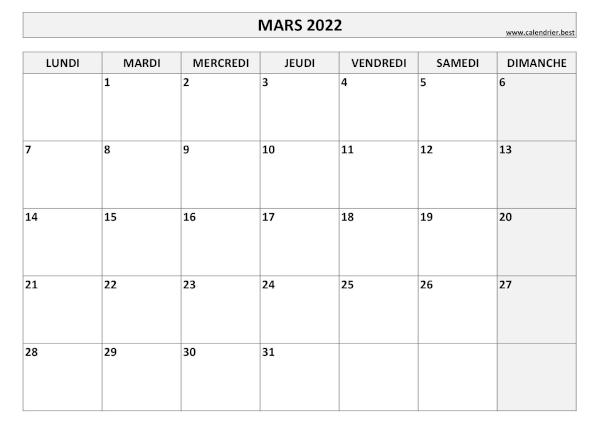 Calendrier du mois de mars 2022 à imprimer.
