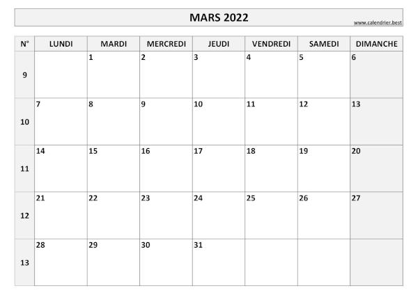 Calendrier du mois de mars 2022 avec semaines à imprimer.