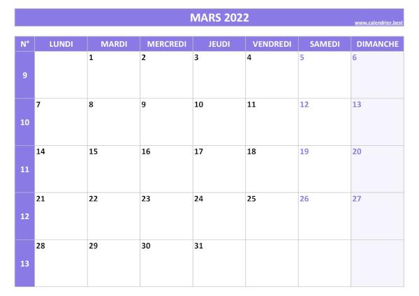 Calendrier du mois de mars 2022 avec numéros de semaines à imprimer gratuitement en pdf ou jpg, format A4 paysage, thème violet. Calendrier mars 2022 avec semaines.