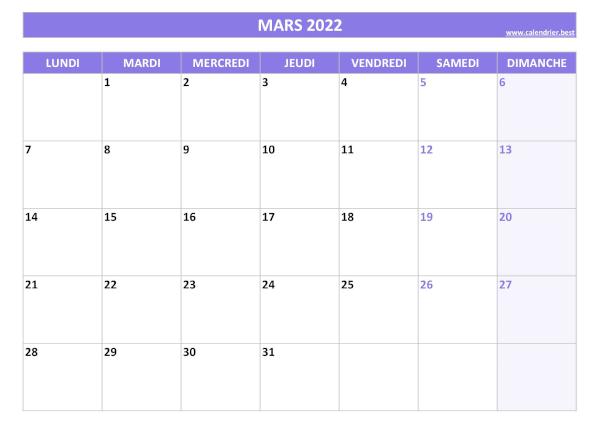 Calendrier mensuel vierge à imprimer, mois de mars 2022, thème violet. Calendrier mars 2022 à imprimer.