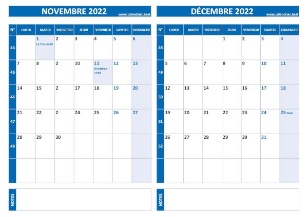 Calendrier novembre décembre 2022.