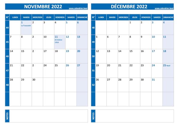 Calendrier de novembre et décembre 2022 à imprimer sur une page au format paysage, template bleu. Calendrier novembre décembre 2022.