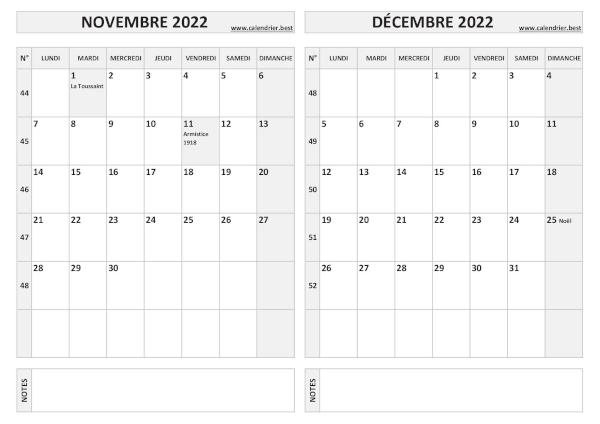 Calendrier de novembre et décembre 2022 à imprimer sur une page au format paysage, template gris. Calendrier novembre décembre 2022.