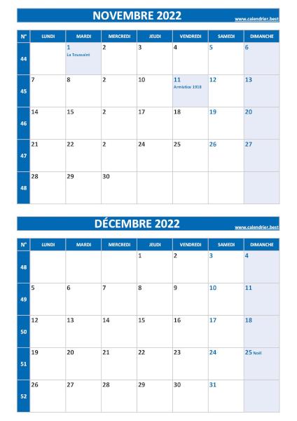 Calendrier des mois de novembre et décembre 2022 à imprimer ssur une page au format portrait, template bleu. Calendrier novembre décembre 2022, portrait, bleu.