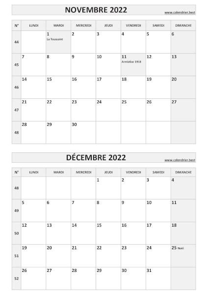 Calendrier des mois de novembre et décembre 2022 à imprimer sur une page au format portrait, template gris. Calendrier novembre décembre 2022, portrait, gris.