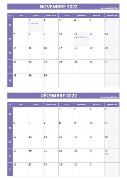 Calendrier novembre décembre 2022, portrait, violet.