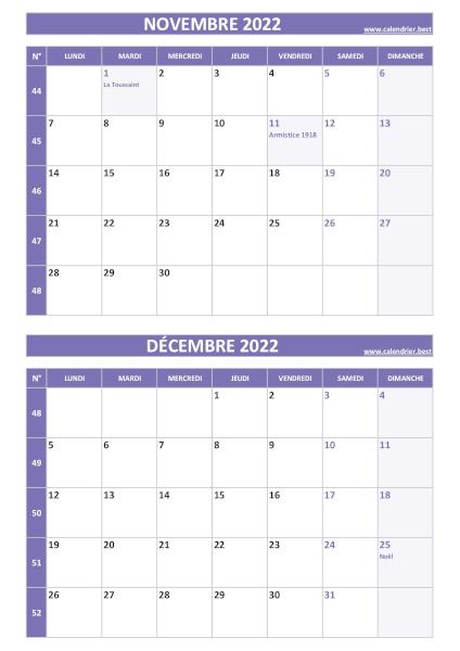 Calendrier des mois de novembre et décembre 2022 à imprimer sur une page au format portrait, template violet. Calendrier novembre décembre 2022, portrait, violet.