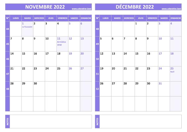 Calendrier novembre décembre 2022.