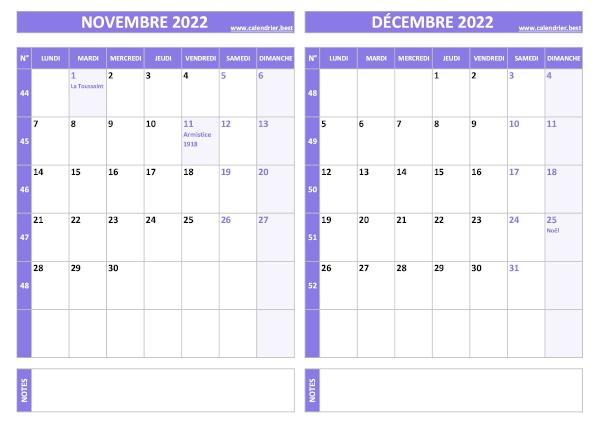 Calendrier de novembre et décembre 2022 à imprimer sur une page au format paysage, template violet. Calendrier novembre décembre 2022.