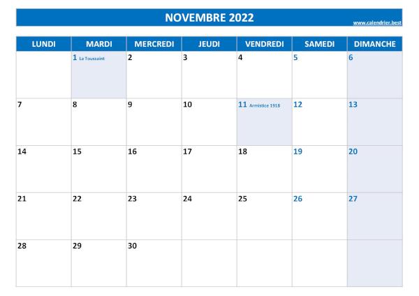 Calendrier Novembre 2022 à imprimer avec jours fériés.