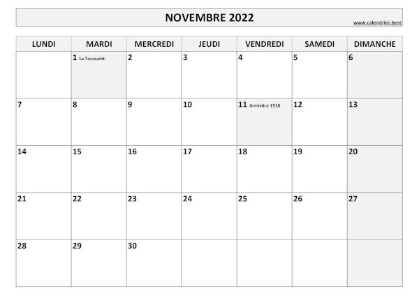 Calendrier du mois de novembre 2022 avec jours fériés à imprimer.