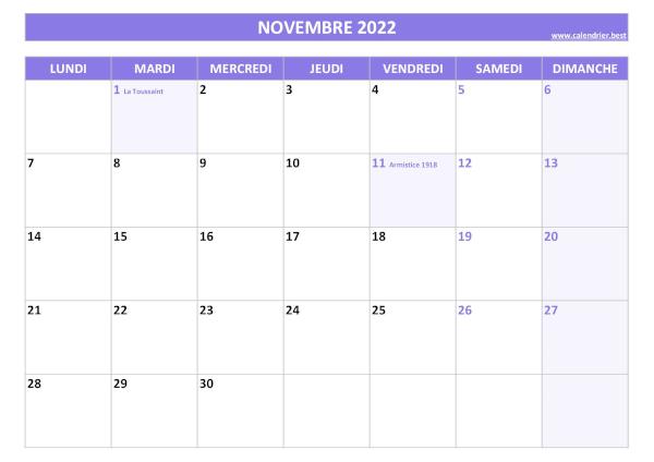 Calendrier Novembre 2022 à imprimer avec jours fériés.
