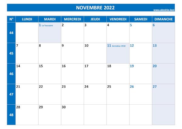Calendrier novembre 2022 avec numéros de semaines.